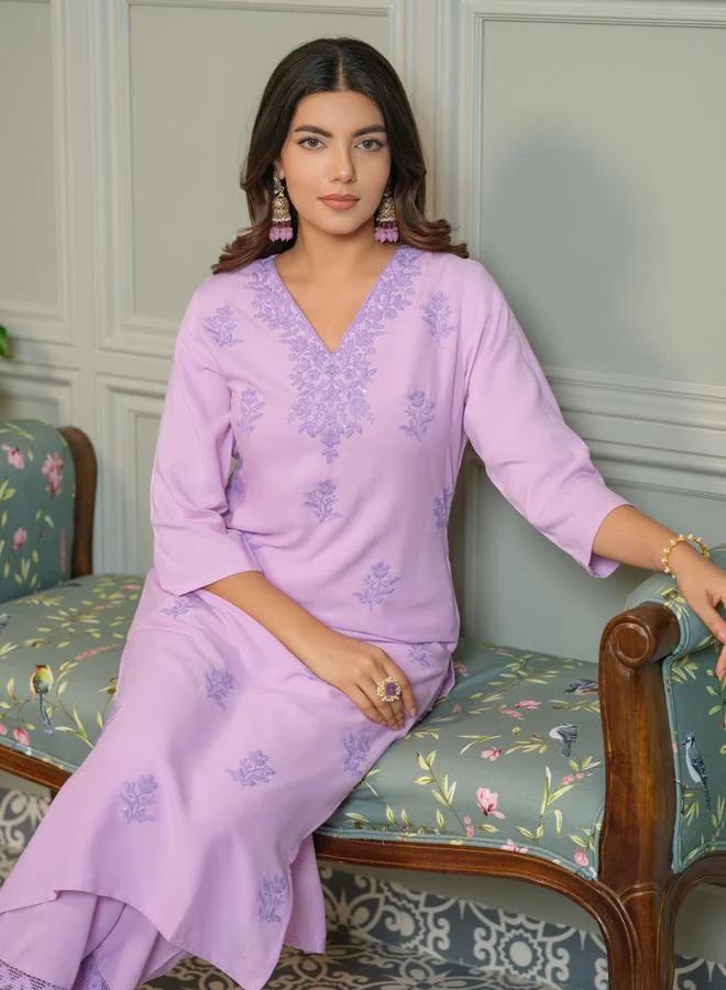 Dw  Women Pink Embroidered Straight Kurta and Trousers Co-Ords for Women | Best Price UAE